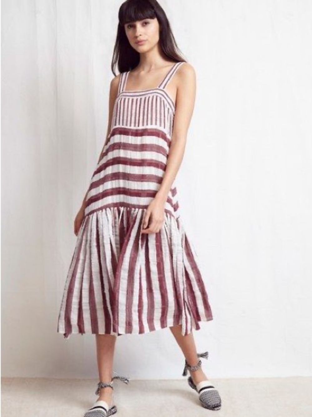 Warm Designer Striped Midi Dress Burgundy and White Boho Resort Linen Tiered 0